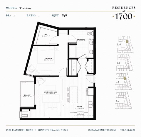 Floor plan for 1 bed, 1 bath, 848 sqft
